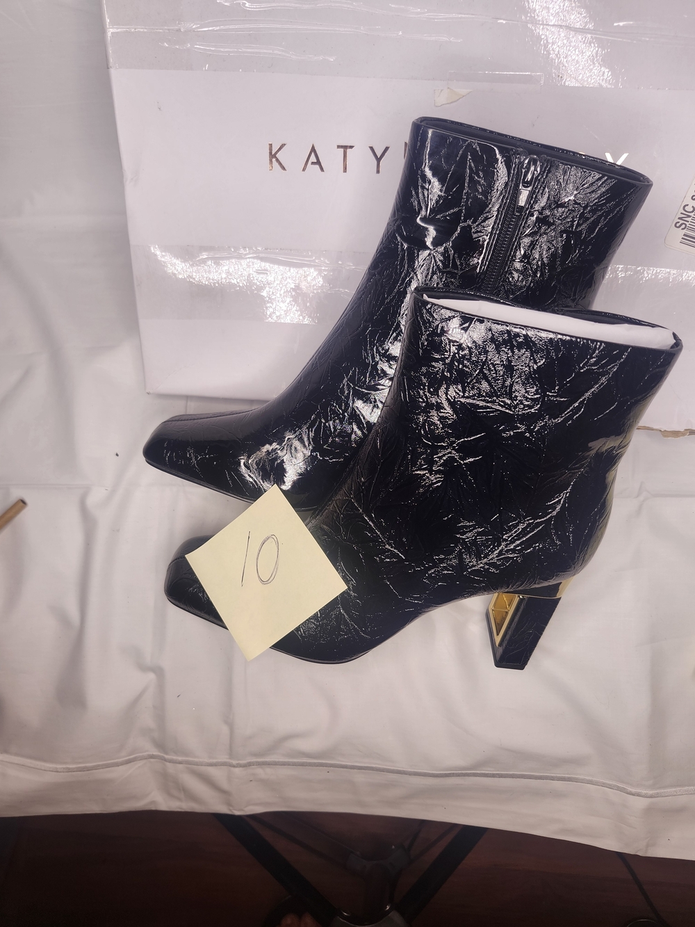 Katy Perry Collections Black Patent Ankle Boots with Gold Accent Heel